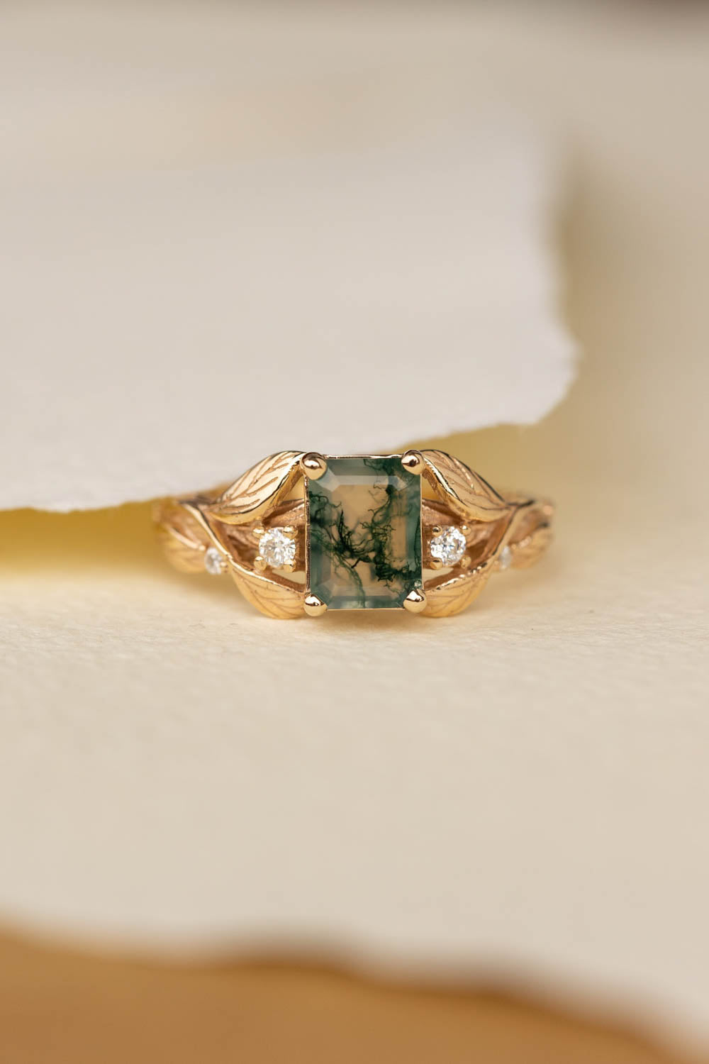 Emerald cut moss agate engagement ring, gold nature themed ring diamonds / Clematis - Eden Garden Jewelry™