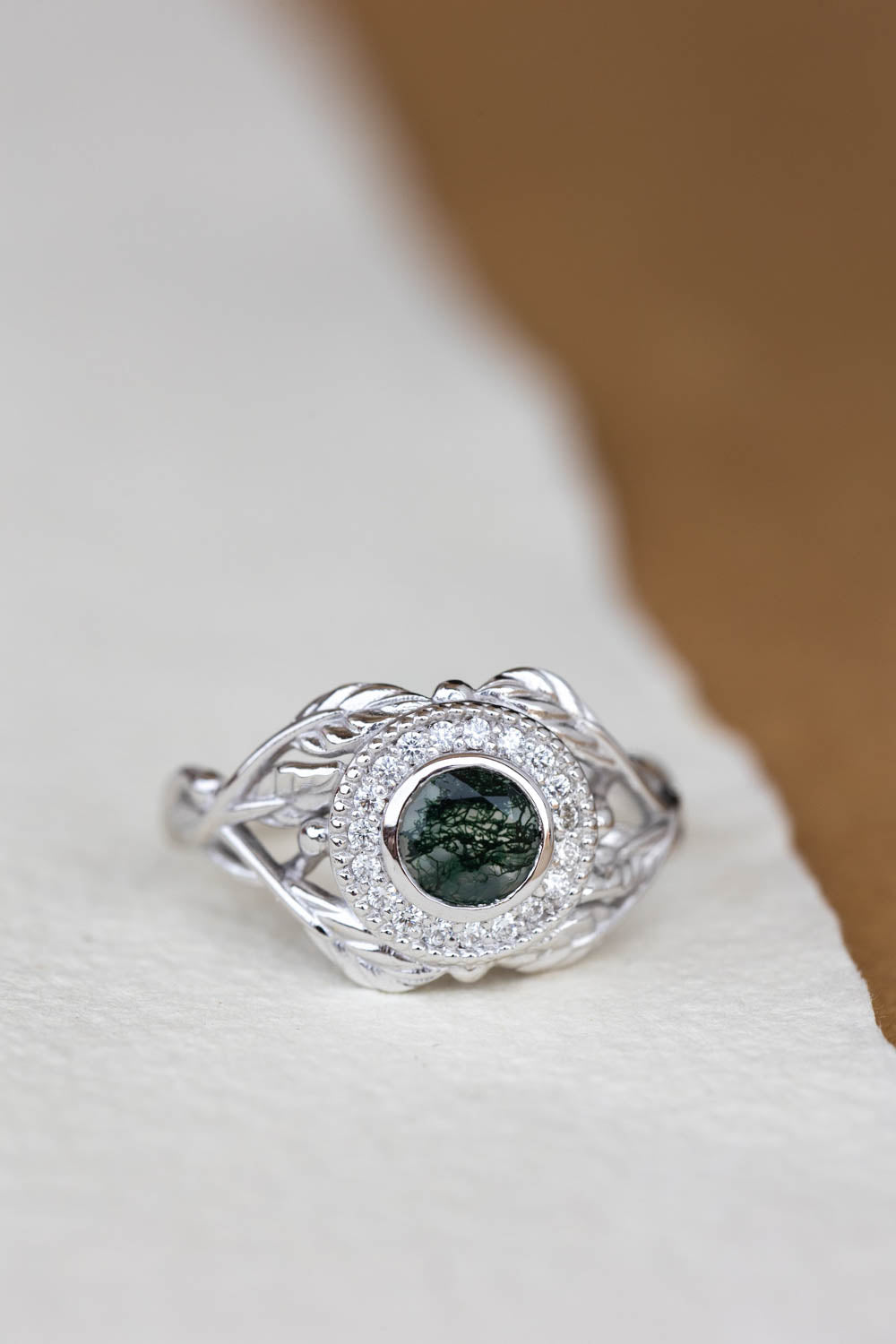 Moss agate and diamond halo engagement ring, nature themed gold branch ring  / Tilia halo - Eden Garden Jewelry™