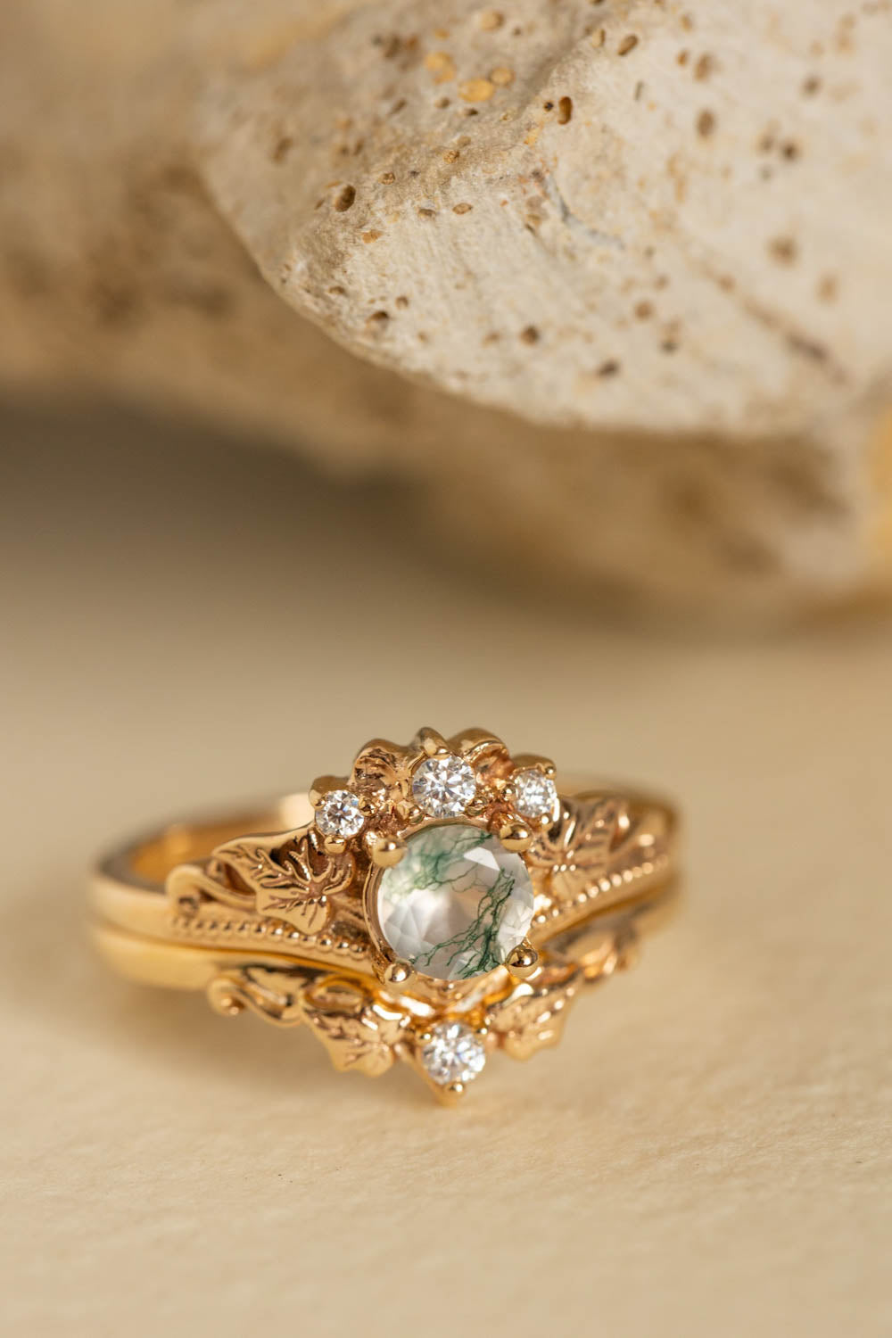 READY TO SHIP: Ariadne bridal ring set in 14K yellow gold, natural moss agate 5 mm, moissanites, RING SIZE - 6 US - Eden Garden Jewelry™