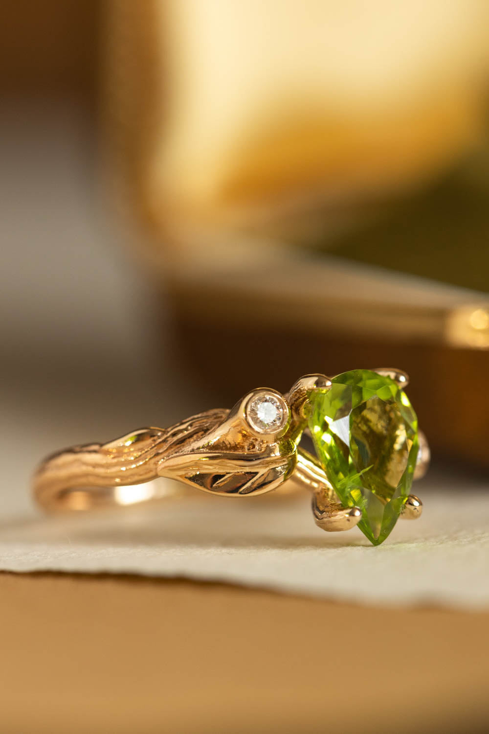 Peridot engagement ring with accent gemstones, big pear gemstone ring / Arius - Eden Garden Jewelry™