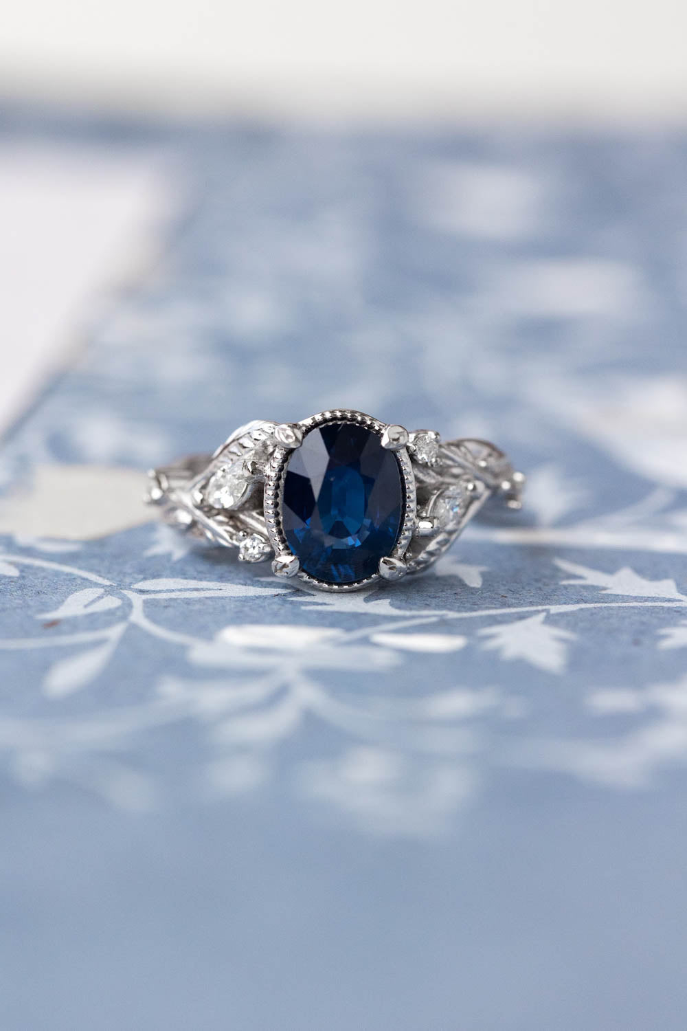 Royal blue sapphire engagement ring, nature inspired white gold proposal ring with diamonds / Patricia - Eden Garden Jewelry™