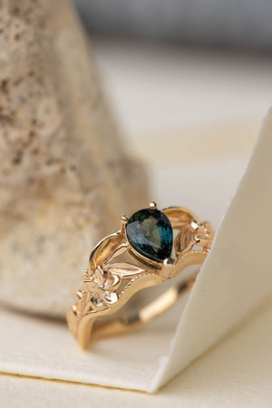 Genuine teal sapphire engagement ring, gold flower proposal ring / Eloise - Eden Garden Jewelry™