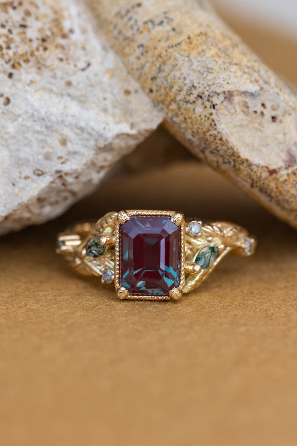 READY TO SHIP: Patricia ring in 14K yellow gold, lab alexandrite emerald cut 8x6 mm, accent moss agates and salt&pepper diamonds, AVAILABLE RING SIZES: 6-8US - Eden Garden Jewelry™