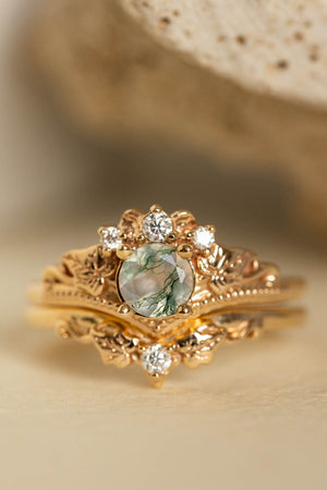 READY TO SHIP: Ariadne bridal ring set in 14K yellow gold, natural moss agate 5 mm, moissanites, RING SIZE - 6 US - Eden Garden Jewelry™