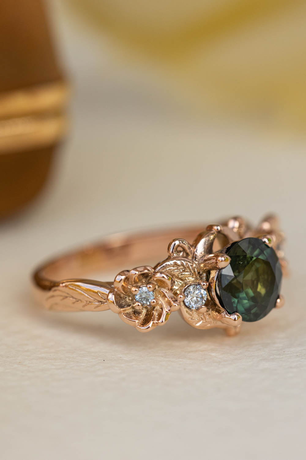 1 carat teal sapphire engagement ring, floral ring with diamonds / Adelina - Eden Garden Jewelry™