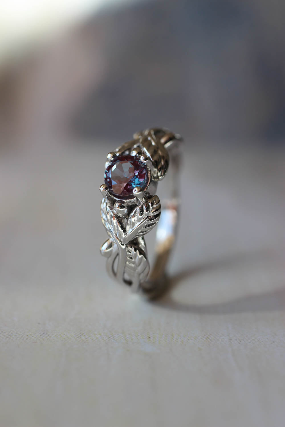 Lab alexandrite engagement ring, white gold nature themed promise ring / Cornus - Eden Garden Jewelry™