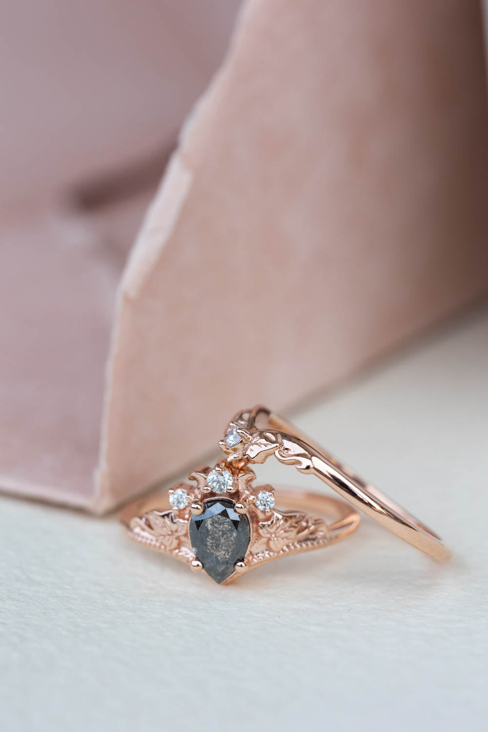 Pear salt and pepper diamond engagement ring, rose gold ivy leaves ring with diamonds / Ariadne - Eden Garden Jewelry™