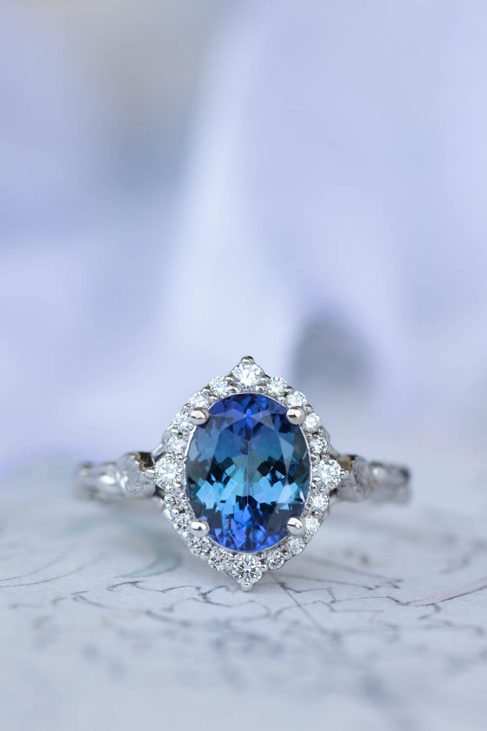 Bi-colour tanzanite engagement ring, nature inspired white gold ring with diamond halo / Florentina - Eden Garden Jewelry™