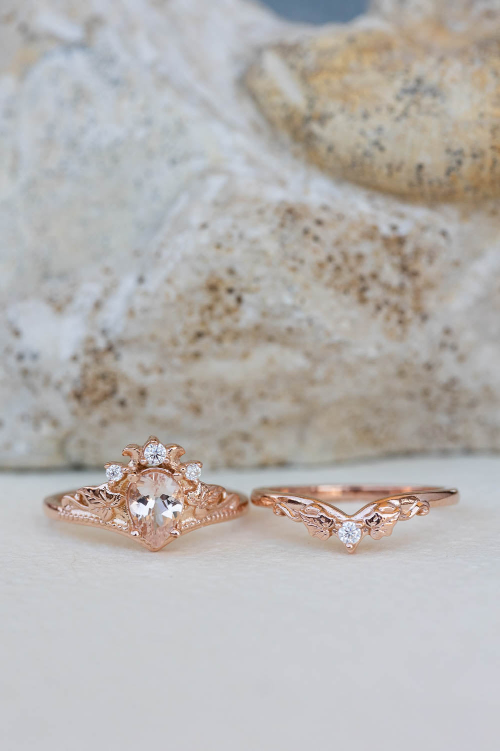 Natural pear morganite bridal ring set, rose gold ivy leaves engagement rings / Ariadne - Eden Garden Jewelry™