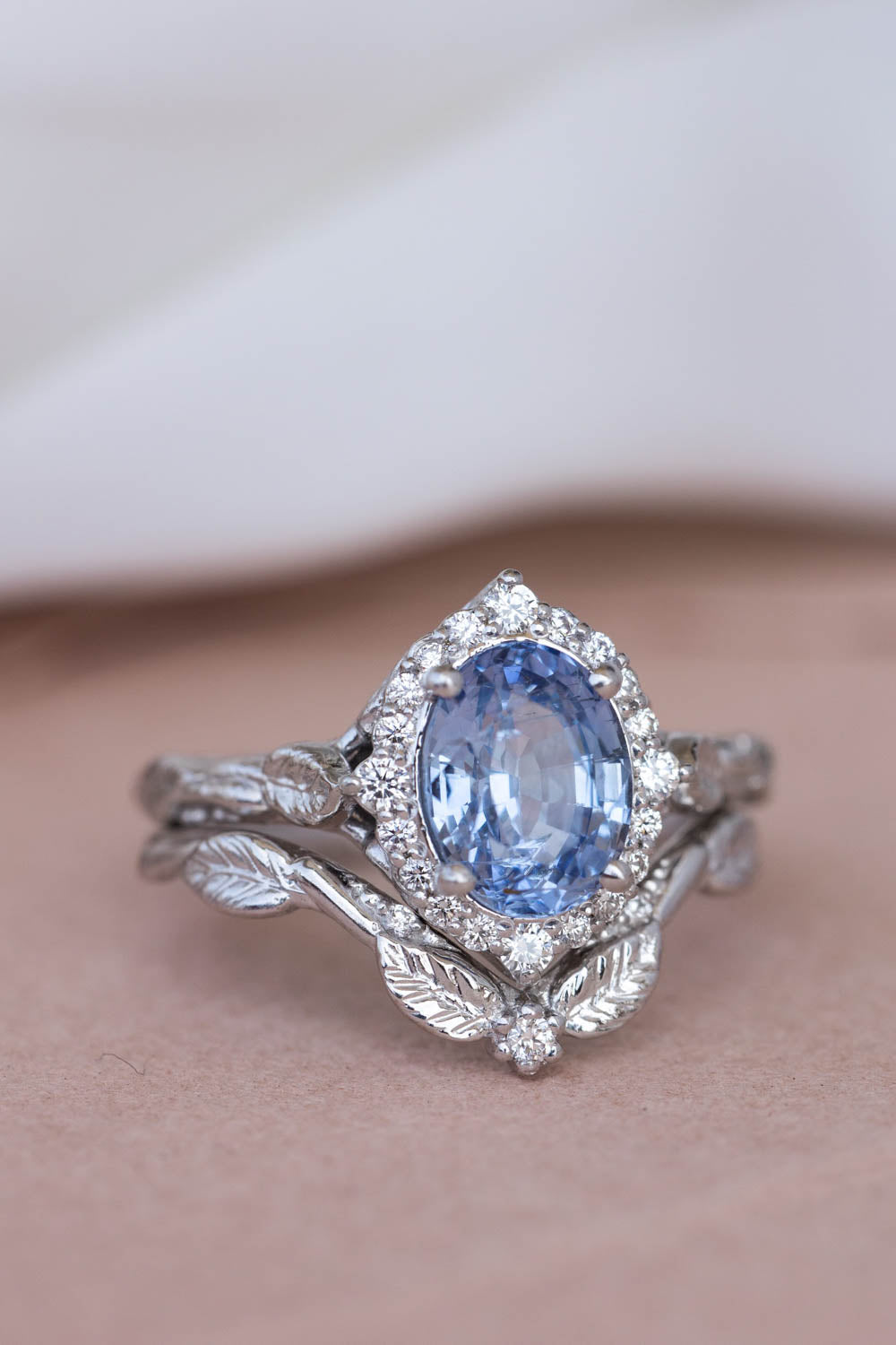 Halo diamond and sapphire engagement ring, white gold leaf engagement ring  / Florentina - Eden Garden Jewelry™