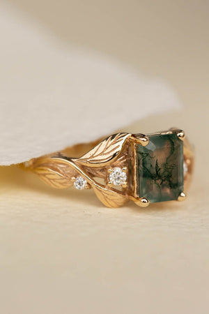 Emerald cut moss agate engagement ring, gold nature themed ring diamonds / Clematis - Eden Garden Jewelry™