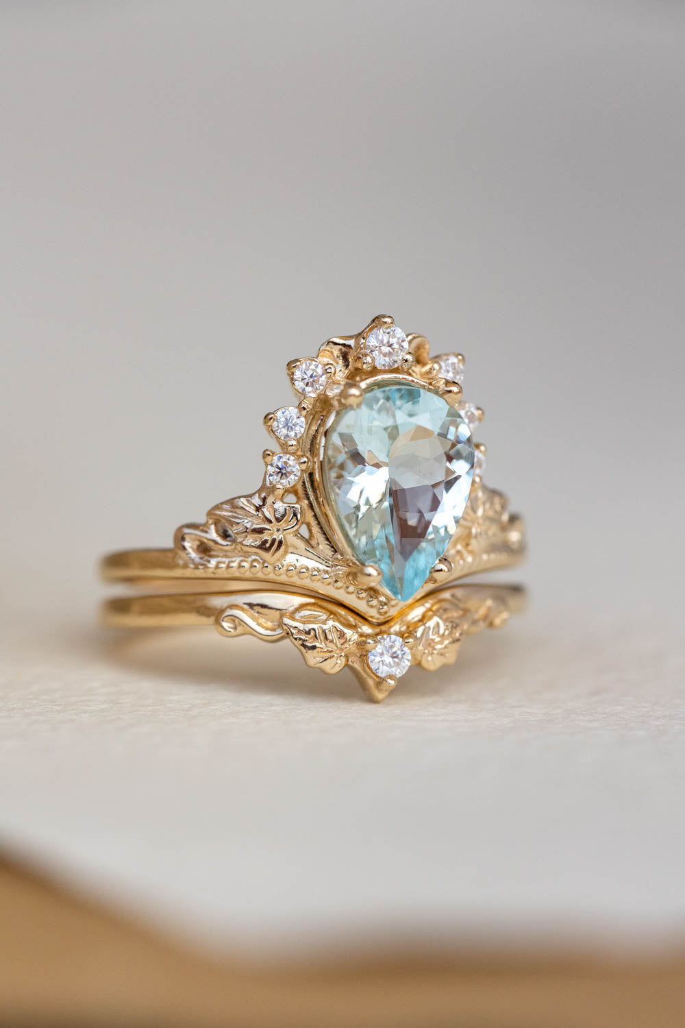 2.8 carat aquamarine bridal ring set, big pear cut engagement rings with diamond crown / Ariadne - Eden Garden Jewelry™