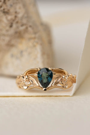 Genuine teal sapphire engagement ring, gold flower proposal ring / Eloise - Eden Garden Jewelry™