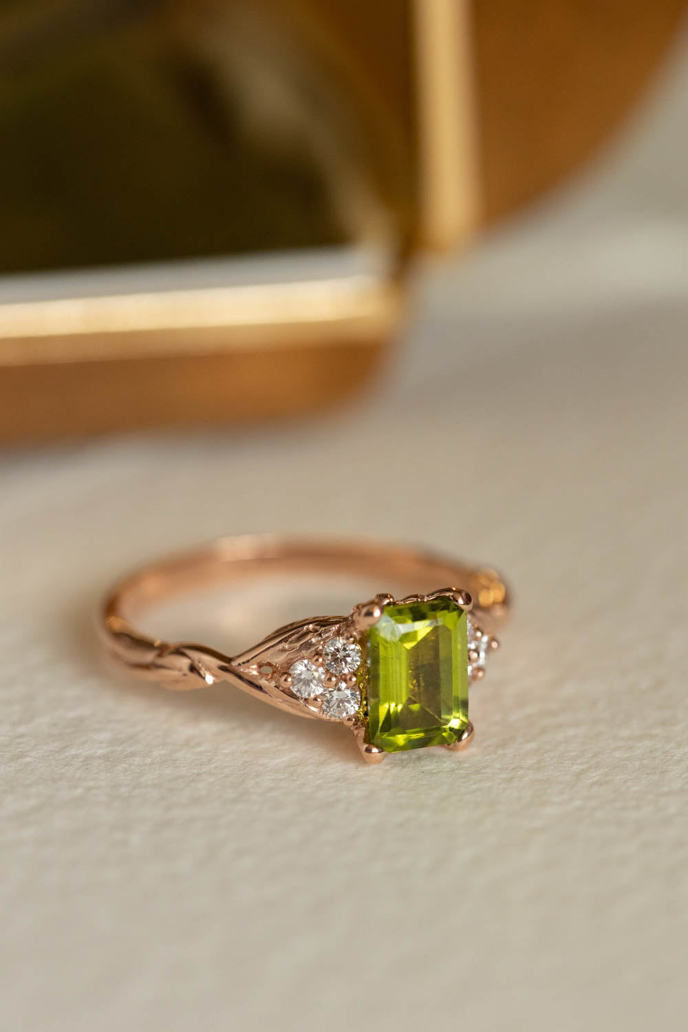 Peridot engagement ring, emerald cut gemstone proposal ring with accent diamonds / Gloria - Eden Garden Jewelry™