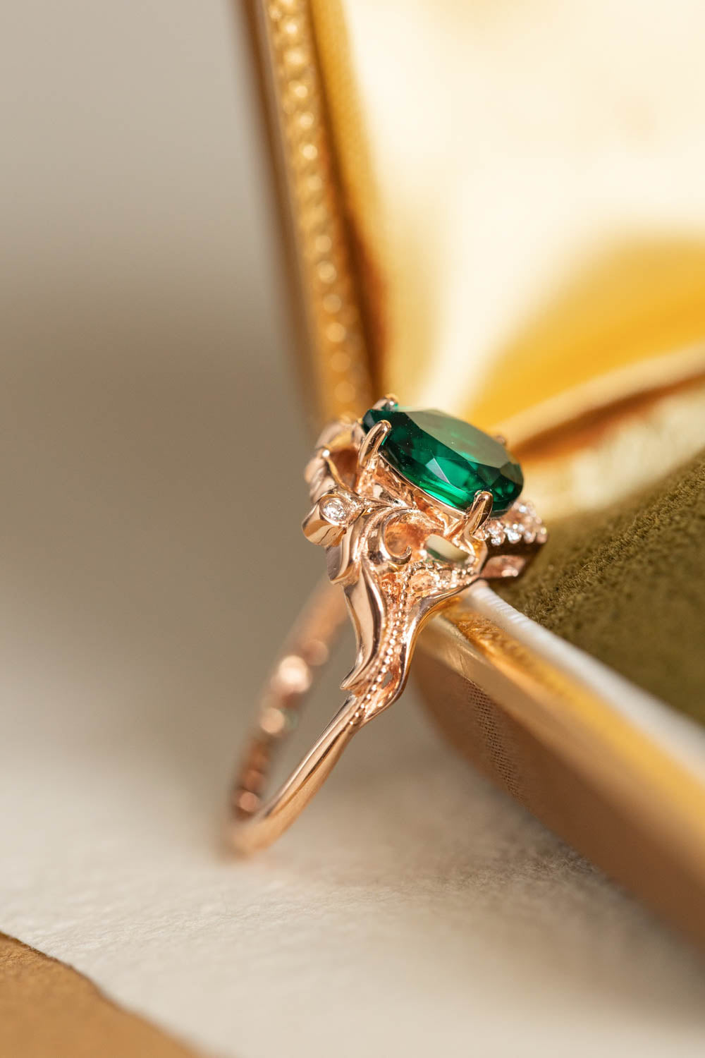 Pear lab emerald engagement ring, vintage inspired gold ring with diamonds / Lida small - Eden Garden Jewelry™