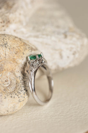 Natural emerald engagement ring, white gold leaf ring with accent diamonds / Wisteria - Eden Garden Jewelry™