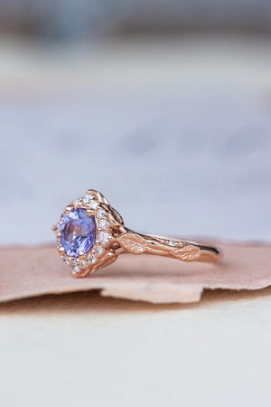 Lavender tanzanite engagement ring with diamond halo, rose gold leaves ring with diamonds / Florentina - Eden Garden Jewelry™