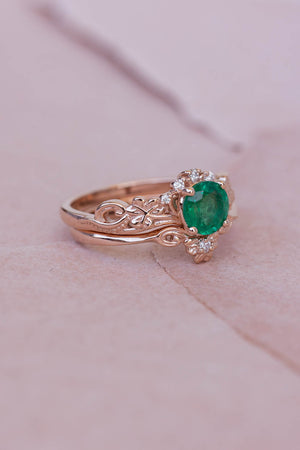 Natural emerald engagement ring set, celtic bridal ring set / Horta - Eden Garden Jewelry™