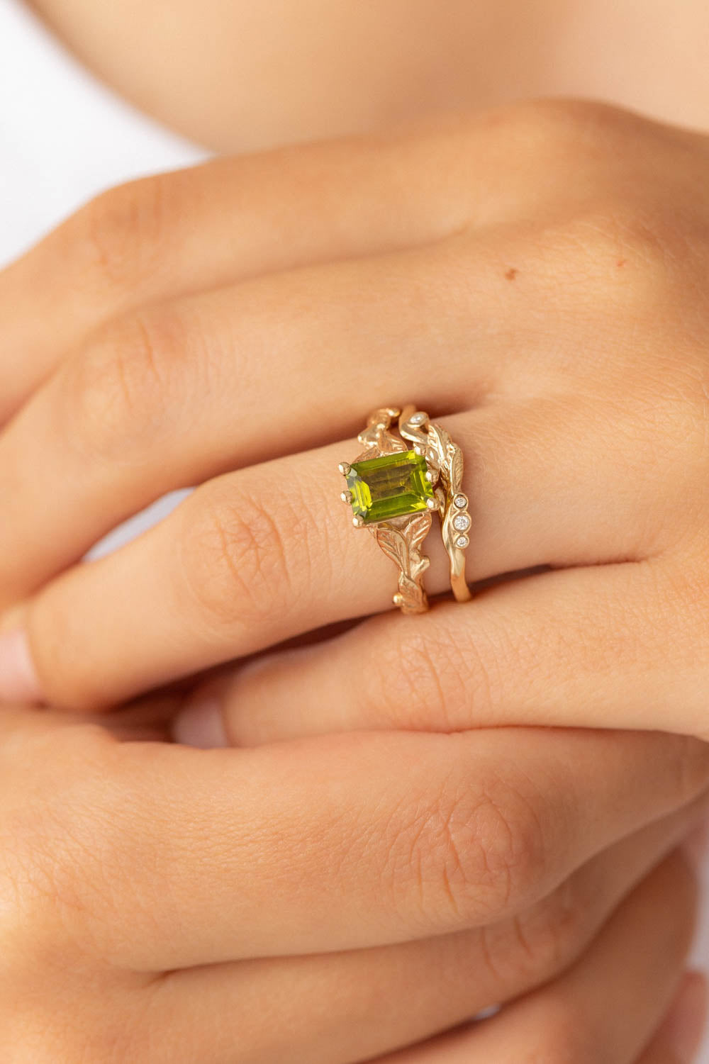 Octagon peridot engagement ring, nature themed branch proposal ring / Freesia - Eden Garden Jewelry™