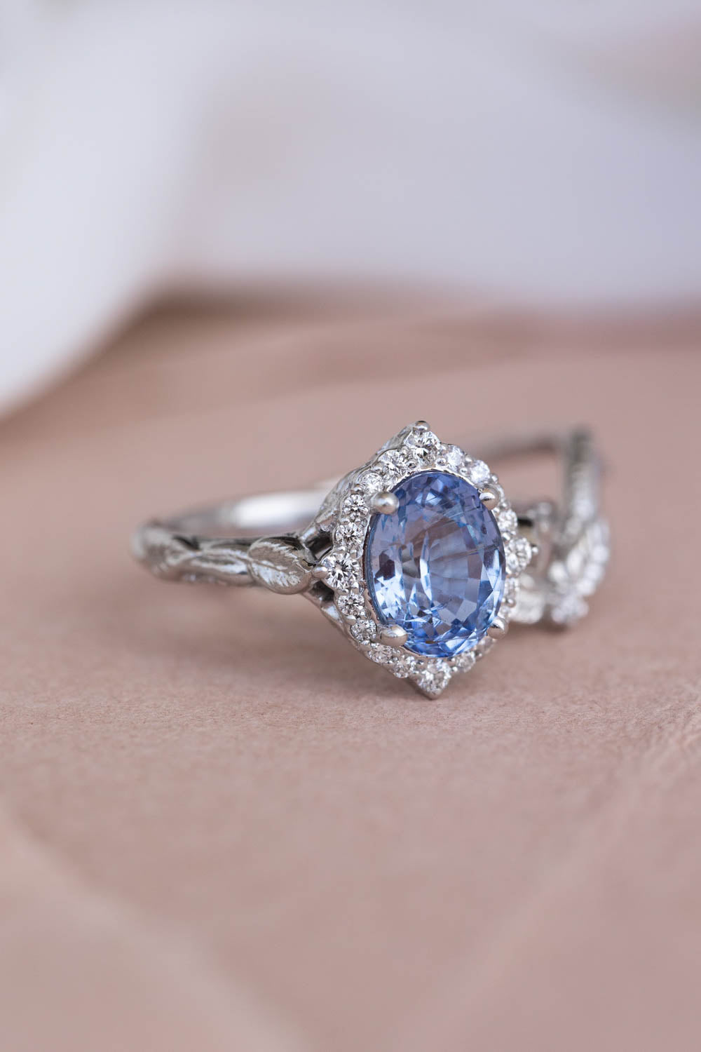 Halo diamond and sapphire engagement ring, white gold leaf engagement ring  / Florentina - Eden Garden Jewelry™