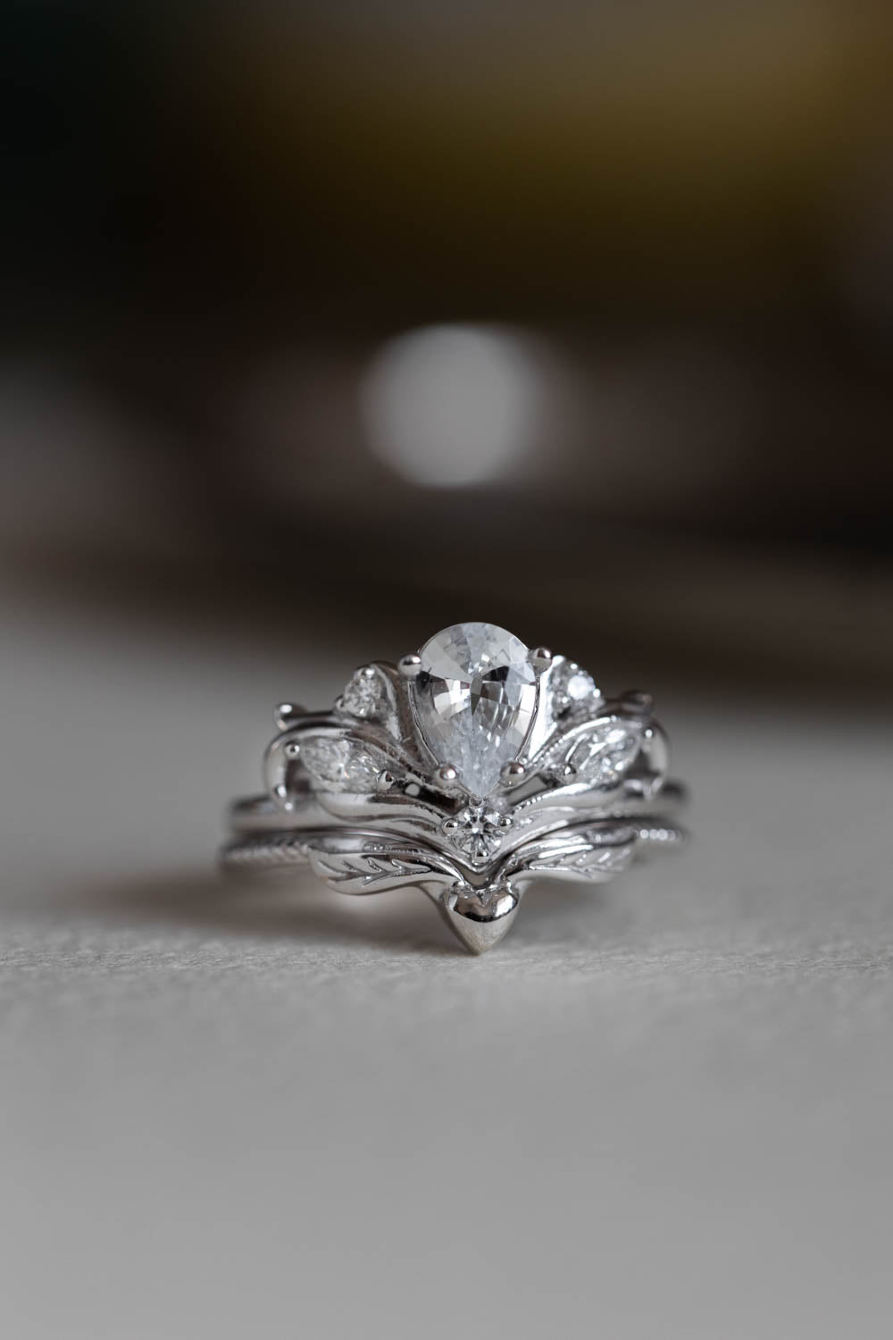 Pear cut white sapphire engagement ring, white gold fantasy ring with diamonds / Swanlake - Eden Garden Jewelry™