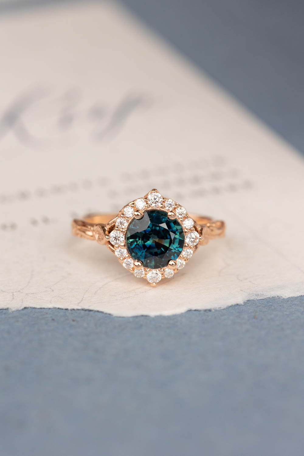 Gorgeous teal sapphire engagement ring with diamond halo, nature inspired gold ring with 2.3 carat sapphire and diamonds / Florentina - Eden Garden Jewelry™