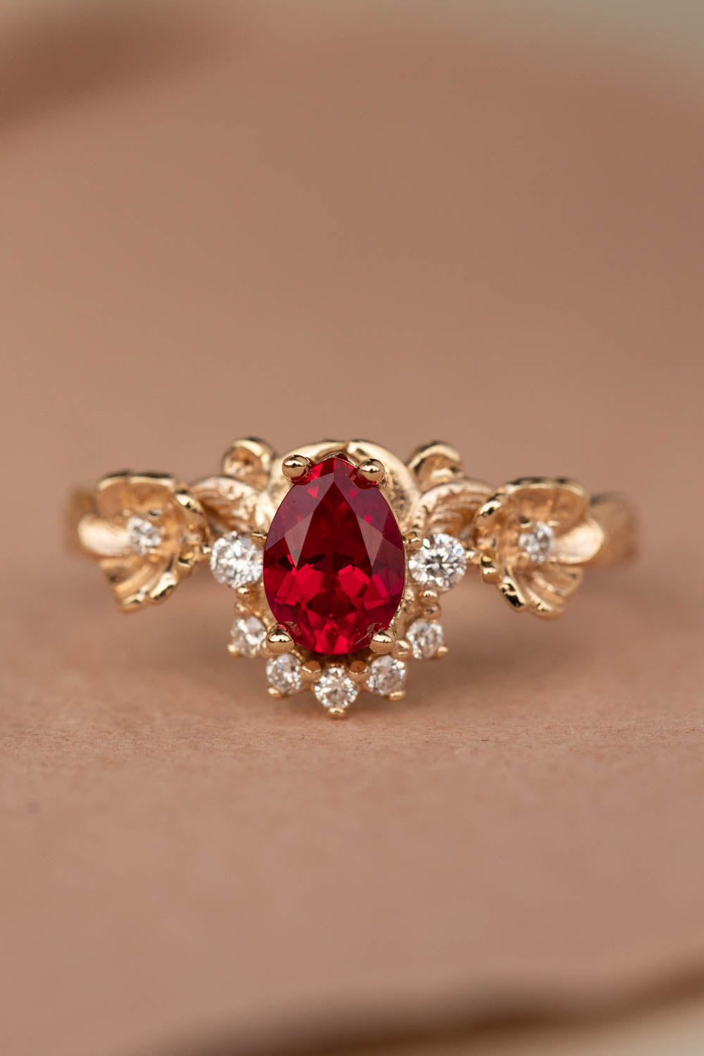 Lab ruby bridal ring set with diamond crown, unique flower engagement ring set / Adelina - Eden Garden Jewelry™