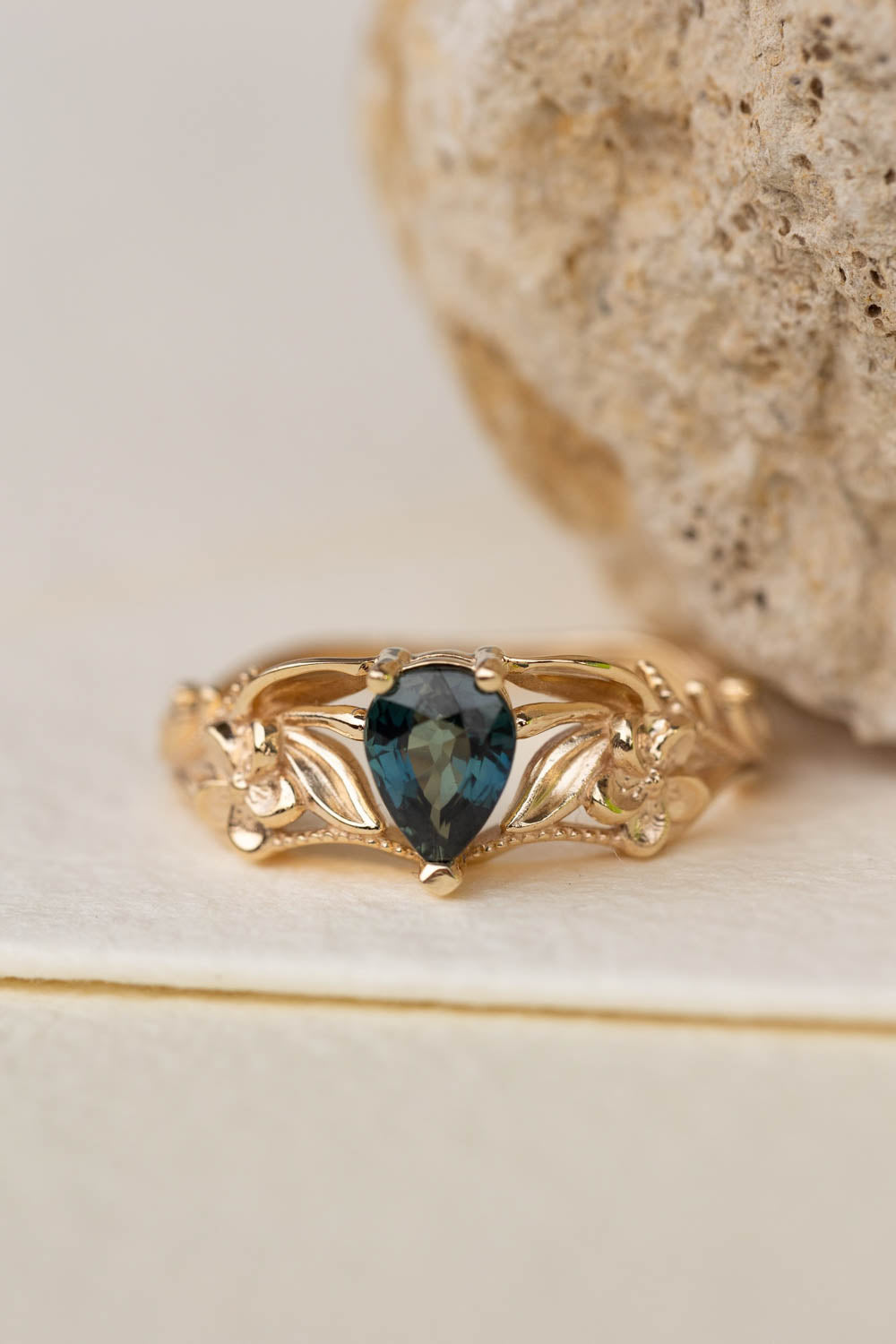 Genuine teal sapphire engagement ring, gold flower proposal ring / Eloise - Eden Garden Jewelry™