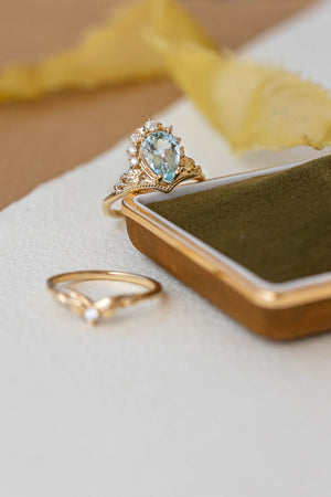 2.8 carat aquamarine bridal ring set, big pear cut engagement rings with diamond crown / Ariadne - Eden Garden Jewelry™