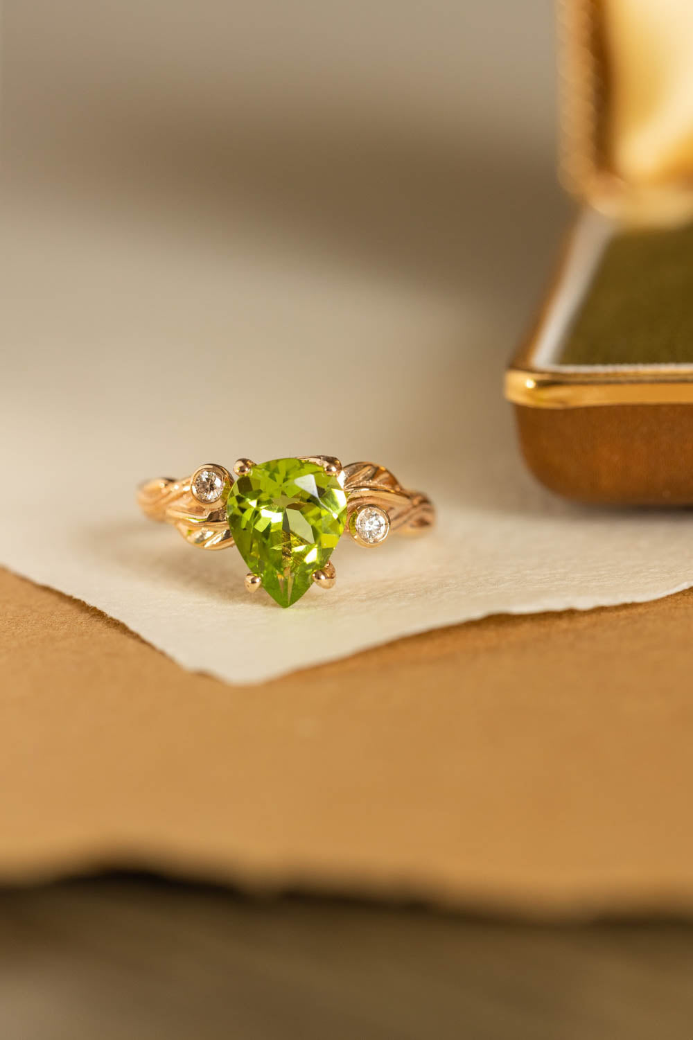 Peridot engagement ring with accent gemstones, big pear gemstone ring / Arius - Eden Garden Jewelry™