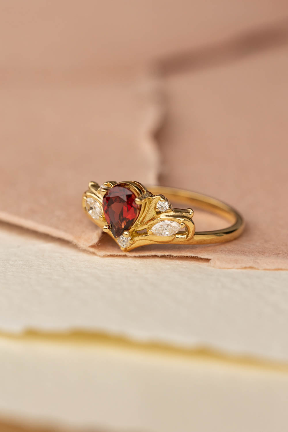 READY TO SHIP: Swanlake ring in 18K yellow gold, natural garnet pear 7x5 mm, natural diamonds, AVAILABLE RING SIZES: 8.5-10.5US - Eden Garden Jewelry™