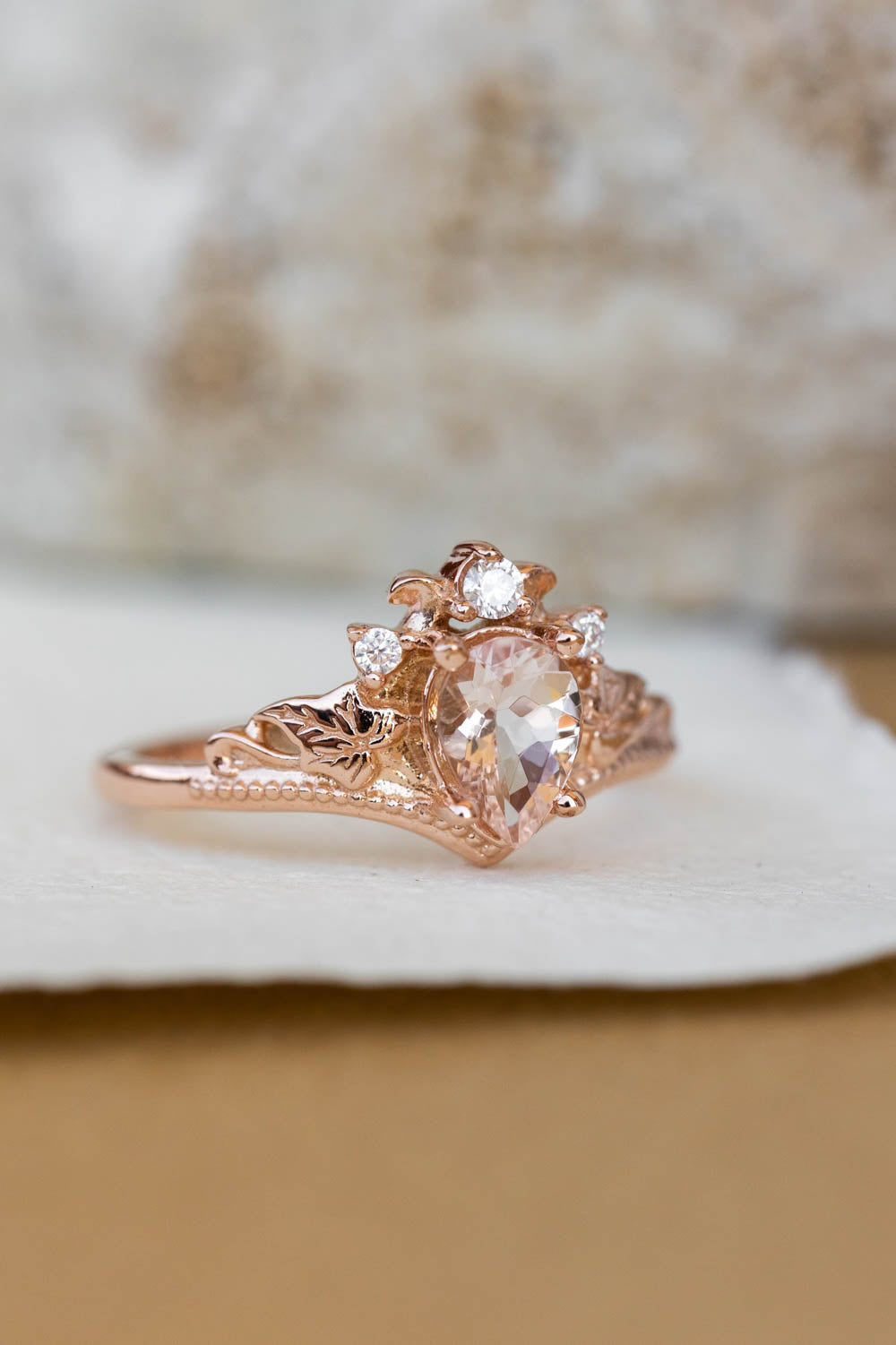 Peach pink morganite engagement ring, rose gold proposal ring with diamond crown / Ariadne - Eden Garden Jewelry™