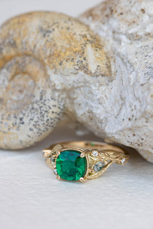 Lab emerald and moss agates branch engagement ring, cushion cut gemstone gold proposal ring / Patricia - Eden Garden Jewelry™