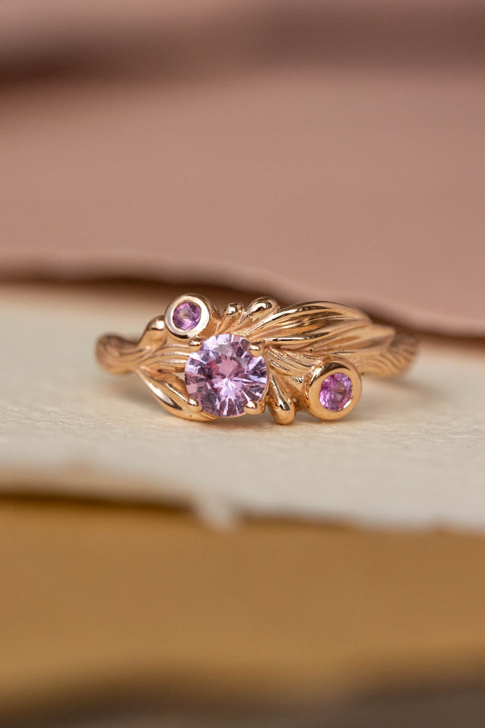 Pink sapphires engagement ring, olive branch gold ring with sapphires / Olivia - Eden Garden Jewelry™