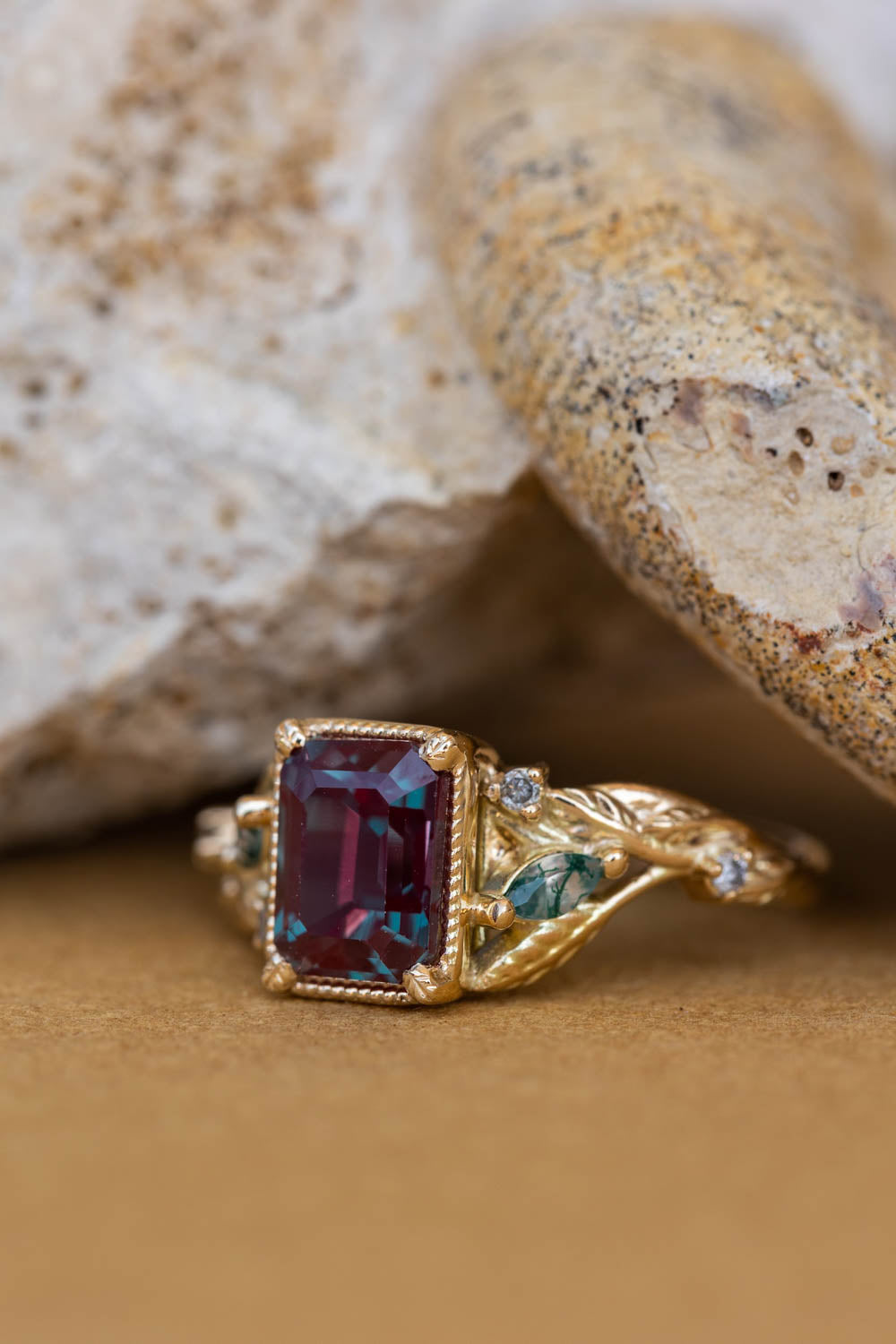 READY TO SHIP: Patricia ring in 14K yellow gold, lab alexandrite emerald cut 8x6 mm, accent moss agates and salt&pepper diamonds, AVAILABLE RING SIZES: 6-8US - Eden Garden Jewelry™