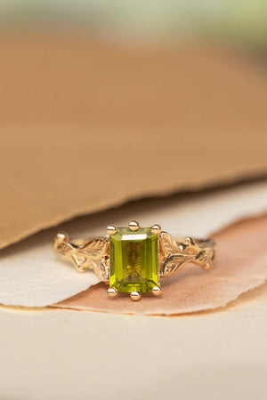 Octagon peridot engagement ring, nature themed branch proposal ring / Freesia - Eden Garden Jewelry™