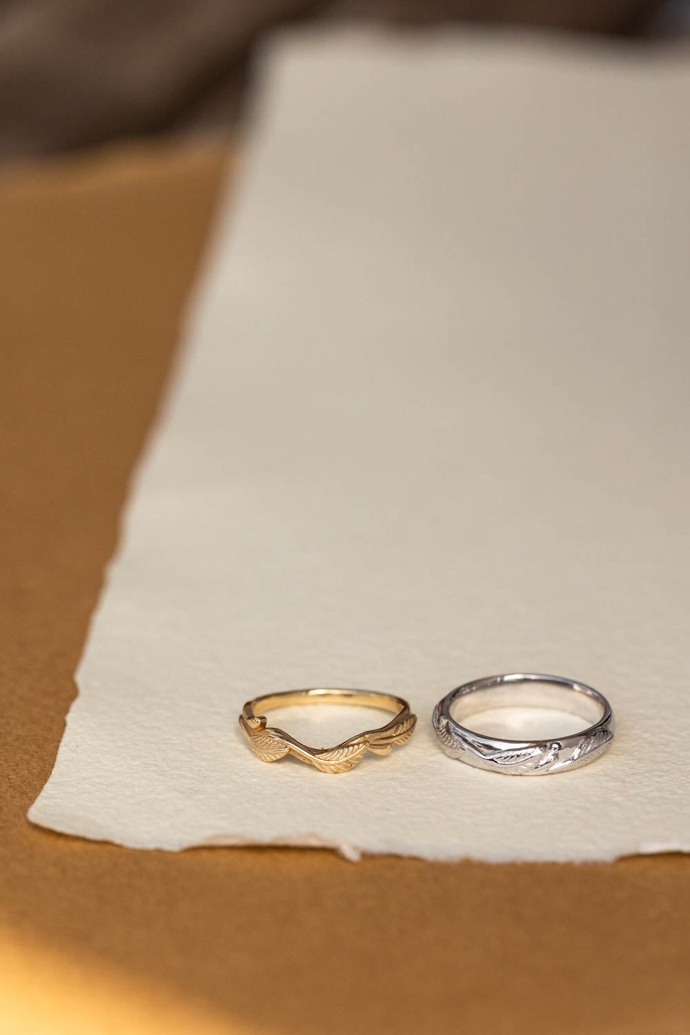 Wedding rings set for couples: white gold leaf band for him, gold twig band for her - Eden Garden Jewelry™