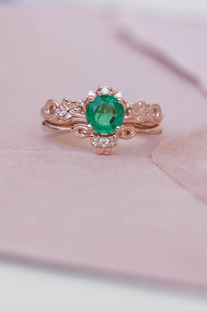 Round emerald rose gold engagement ring, clover leaves proposal ring with diamonds / Horta - Eden Garden Jewelry™