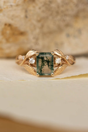 Emerald cut moss agate engagement ring, gold nature themed ring diamonds / Clematis - Eden Garden Jewelry™