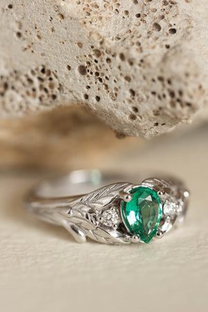 Natural emerald engagement ring, white gold leaf ring with accent diamonds / Wisteria - Eden Garden Jewelry™