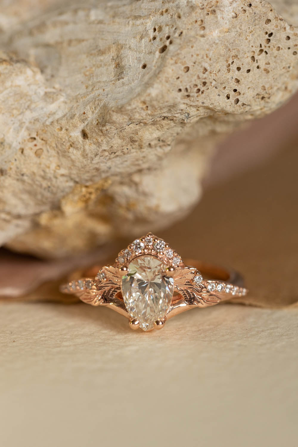 Lab grown diamond engagement ring set, rose gold leaves and diamonds crown bridal ring set / Amelia - Eden Garden Jewelry™