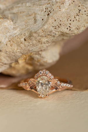 Lab grown diamond engagement ring set, rose gold leaves and diamonds crown bridal ring set / Amelia - Eden Garden Jewelry™