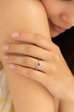 Lavender tanzanite engagement ring with diamond halo, rose gold leaves ring with diamonds / Florentina - Eden Garden Jewelry™