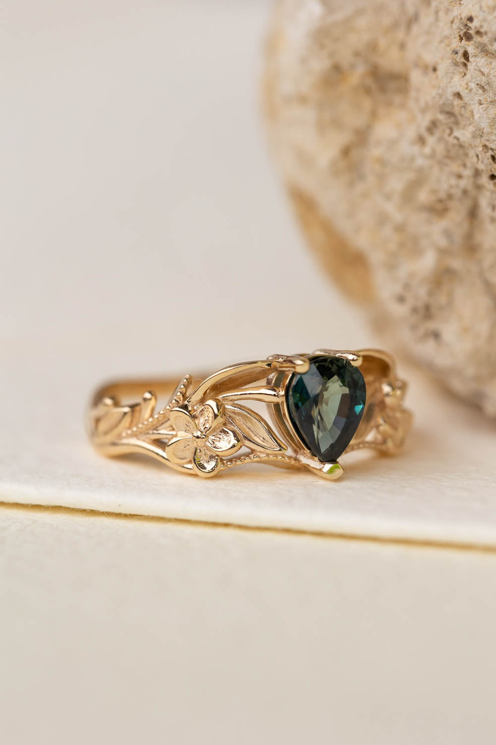 Genuine teal sapphire engagement ring, gold flower proposal ring / Eloise - Eden Garden Jewelry™