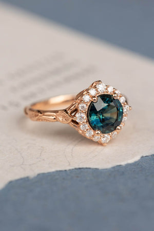 Gorgeous teal sapphire engagement ring with diamond halo, nature inspired gold ring with 2.3 carat sapphire and diamonds / Florentina - Eden Garden Jewelry™