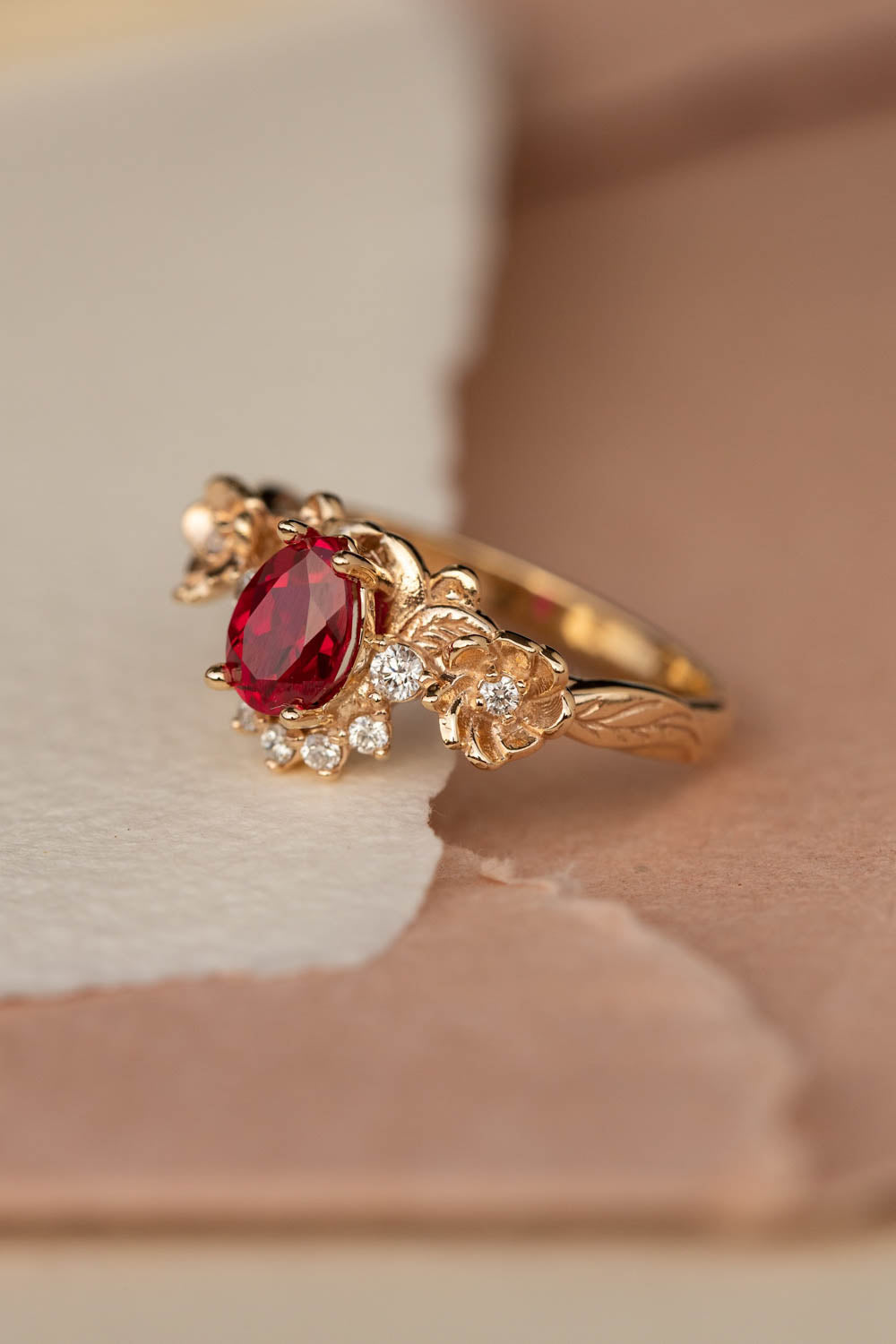 Ruby and crown diamonds engagement ring, gold flower proposal ring / Adelina - Eden Garden Jewelry™