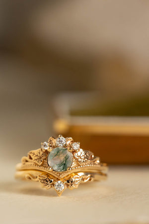 Round moss agate bridal ring set, diamond tiara rings / Ariadne - Eden Garden Jewelry™