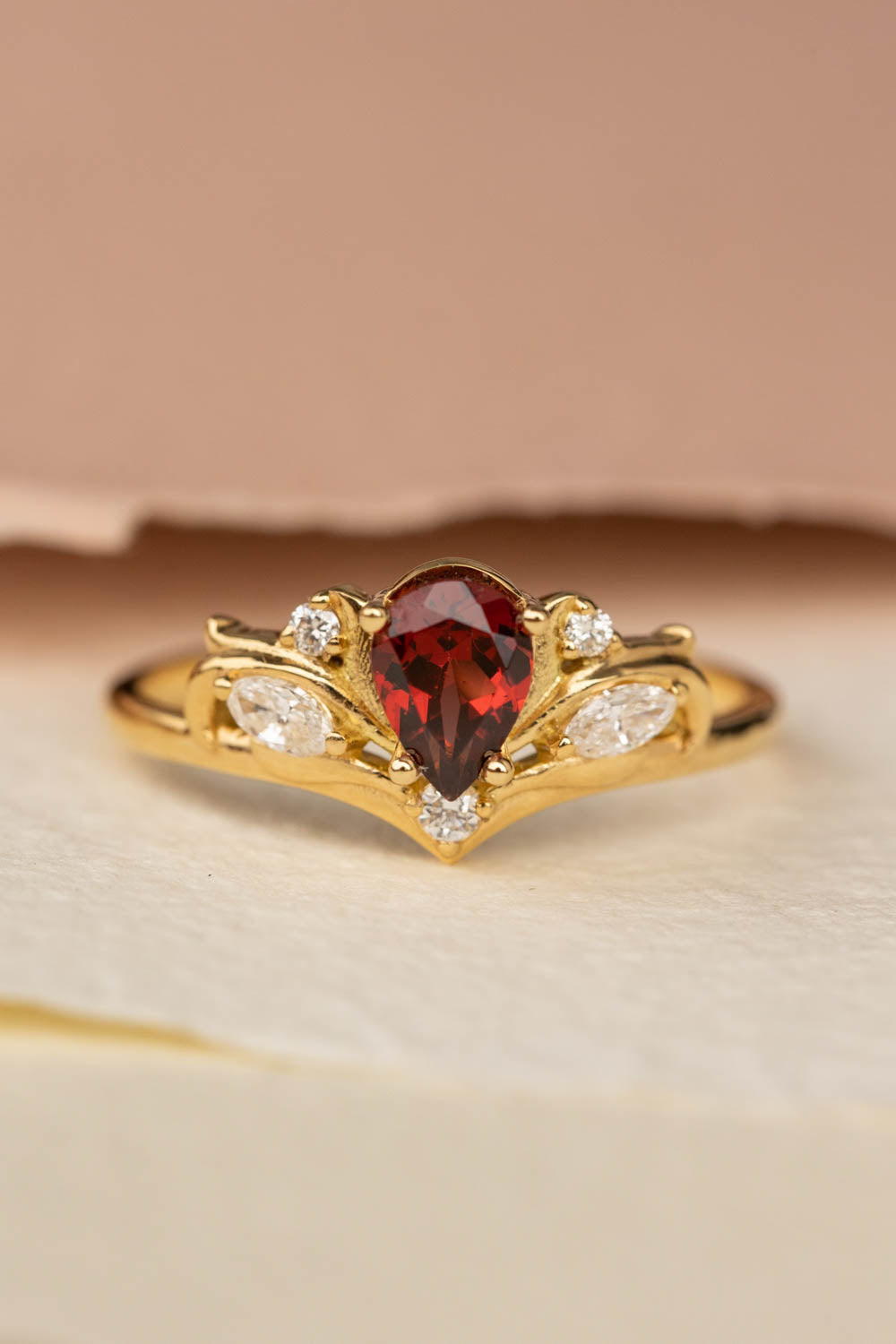 Pear shaped garnet engagement ring, alternative bridal ring set / Swanlake - Eden Garden Jewelry™