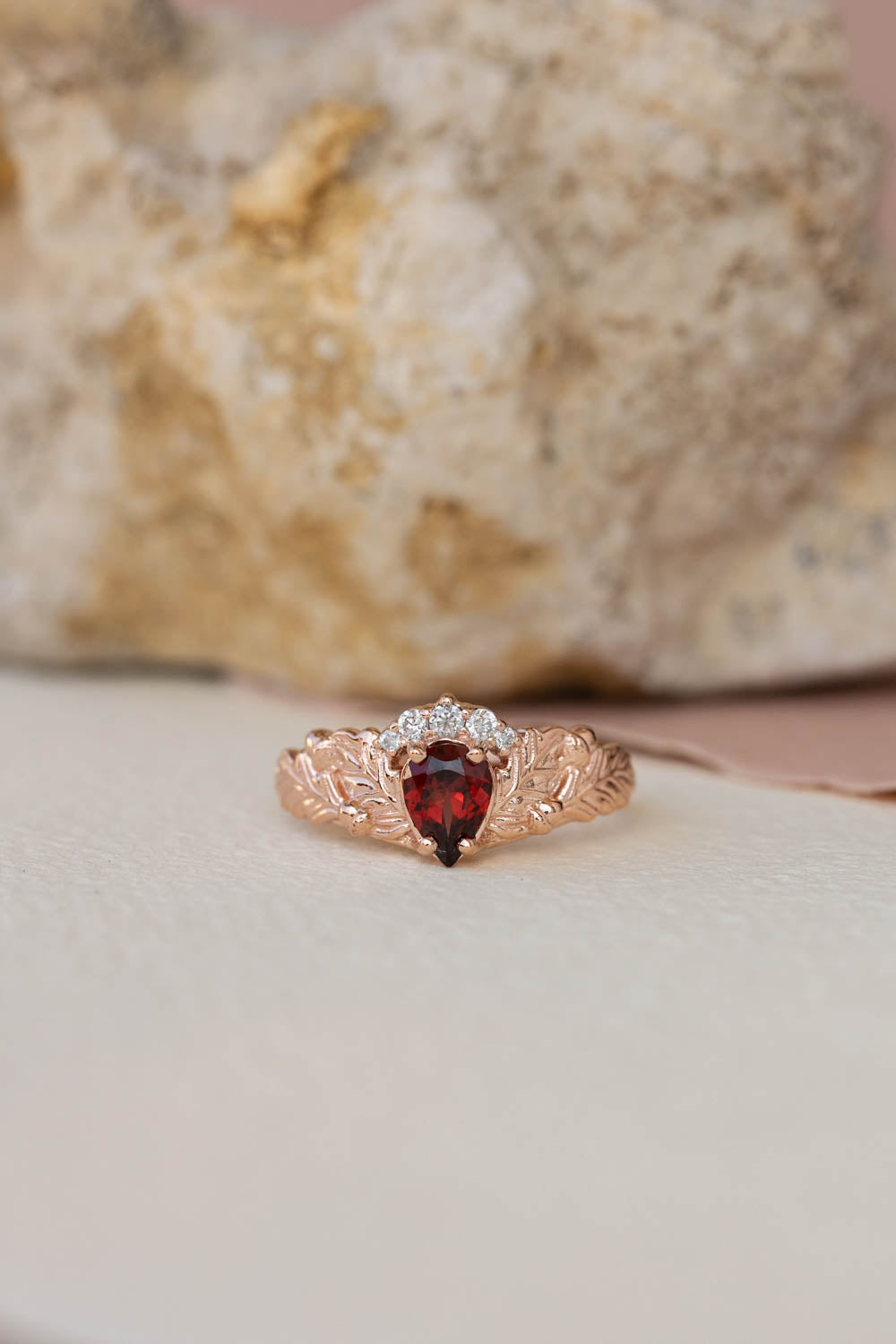 Diamond crown and garnet engagement ring, gorgeous nature inspired proposal ring / Royal Oak - Eden Garden Jewelry™