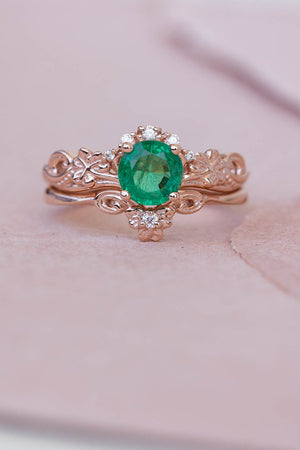 Natural emerald engagement ring set, celtic bridal ring set / Horta - Eden Garden Jewelry™